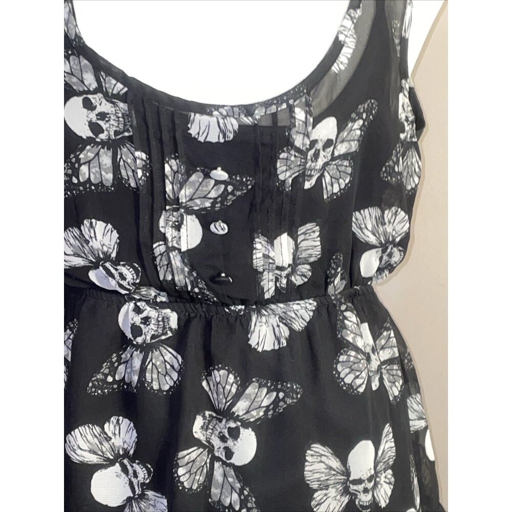 Hot Topic Skull Butterfly Black Mini Dress Skater Sleeveless Sheer Overlay Sz M - Picture 3 of 11